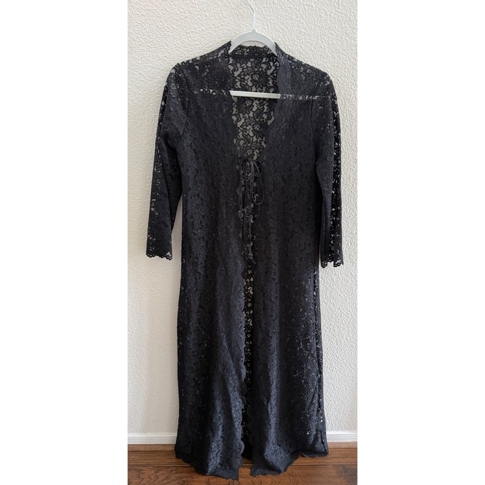 VTG Black Lace Robe Lingerie Miss Elaine Duster Union‎ Made USA Whimsigoth S/M